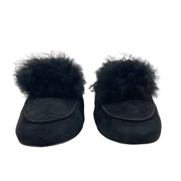 Aquazzura Foxy Mules Pom Pom Suede Shearling Black Size 40